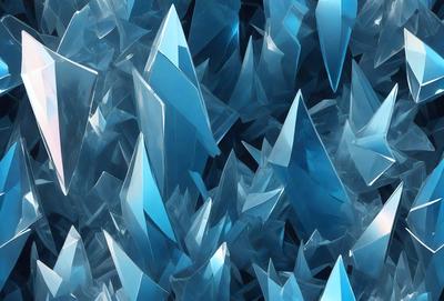 The primary subject of the image is a large cluster of blue crystals, possibly ice or glass, arranged in a visually appealing manner. The setting is a dark background, which contrasts with the bright blue crystals. The visual style appears to be a digital art or illustration, as the crystals are depicted in a detailed and intricate manner. The colors and mood of the image are predominantly blue, creating a sense of calmness and serenity.