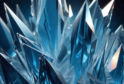 The primary subject of the image is a large, blue crystal. The setting is a dark background, which contrasts with the bright blue color of the crystal. The visual style appears to be a close-up of the crystal, showcasing its unique and intricate structure. The colors and mood of the image are predominantly blue, creating a sense of depth and tranquility.