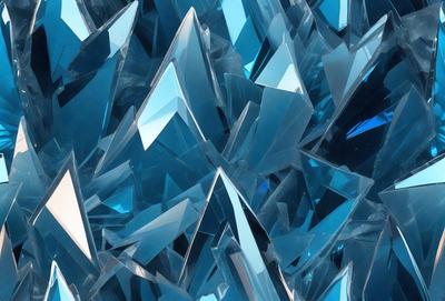 The primary subject of the image is a large, intricate arrangement of blue glass or crystal pieces. The setting is a blue background, which complements the vibrant colors of the glass. The visual style appears to be a combination of digital art and illustration, as the glass pieces are arranged in a visually appealing manner. The overall atmosphere is one of elegance and sophistication, as the blue glass creates a striking and eye-catching display.