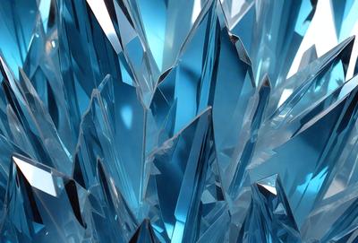 The primary subject of the image is a large, blue crystal structure. The setting is a bright, sunny day, with the crystal structure standing out against a white background. The visual style is a combination of photo and digital art, creating a unique and eye-catching image. The dominant colors are blue and white, giving the scene a cool and refreshing atmosphere.