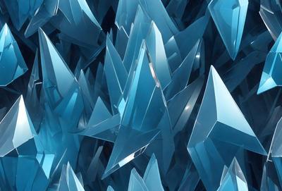The primary subject of the image is a large collection of blue crystals, possibly ice crystals or glass, arranged in a visually appealing manner. The setting is a blue background, which complements the blue crystals. The visual style is a combination of photo and digital art, creating a unique and intriguing image. The colors and mood are predominantly blue, giving the scene a cool and serene atmosphere.