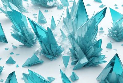The primary subject of the image is a collection of blue crystals, which are the main objects in the scene. The setting is a white background, which provides a clean and minimalist appearance. The visual style is a combination of photo and digital art, as the crystals are depicted in a realistic manner while the background is white and clean. The colors and mood of the image are predominantly blue, creating a sense of calmness and tranquility.
