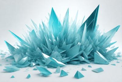 The primary subject of the image is a large, blue, crystal-like structure, possibly a sculpture or a digital art piece. The setting is a white background, which provides a clean and minimalist appearance. The visual style is a combination of digital art and illustration, creating a unique and eye-catching design. The dominant colors are blue and white, giving the image a cool and modern feel.