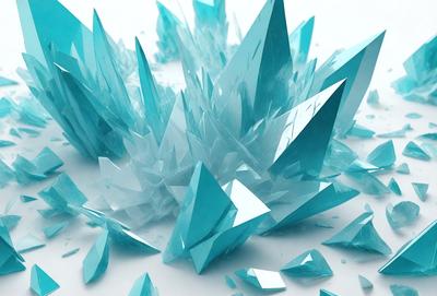 The primary subject of the image is a large cluster of blue crystals, possibly made of glass or plastic, arranged on a white surface. The setting appears to be a studio or workspace, as the crystals are neatly arranged and displayed. The visual style of the image is a combination of digital art and illustration, as the crystals are depicted in a realistic and detailed manner. The colors and mood of the image are predominantly blue, creating a sense of calmness and tranquility.