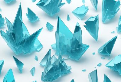 The primary subject of the image is a collection of blue crystals, which are scattered throughout the scene. The setting is a white background, which provides a clean and minimalist appearance. The visual style is a combination of digital art and illustration, creating a unique and eye-catching design. The dominant colors are blue and white, giving the image a calm and serene atmosphere.