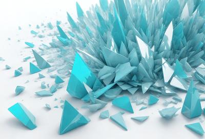 The primary subject of the image is a large blue crystal, which is the main object, scene, or focus of the image. The setting is a white background, which provides a clean and minimalistic environment. The visual style is digital art, as the image is a digital creation. The dominant colors are blue and white, creating a calm and serene atmosphere.