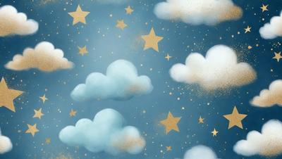 The primary subject of the image is a night sky filled with stars. The setting is a cloudy night, with the clouds scattered throughout the sky. The visual style is a digital art or illustration, creating a whimsical and dreamy atmosphere. The colors are predominantly blue and gold, with the gold stars adding a touch of warmth to the scene.