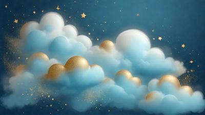 The primary subject of the image is a cloudy blue sky filled with gold stars. The setting is a nighttime scene with a starry background. The visual style is a painting or digital art, creating a vibrant and luminous atmosphere. The dominant colors are blue and gold, with the gold stars adding a touch of warmth to the scene.