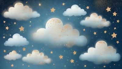 The primary subject of the image is a painting of a cloudy night sky with stars. The setting is a dark blue background, and the visual style is a digital art or illustration. The painting features a variety of stars scattered throughout the sky, creating a sense of depth and a serene atmosphere. The colors and mood of the painting are predominantly dark and moody, with the stars providing a touch of brightness and contrast.
