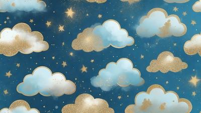 The primary subject of the image is a blue sky filled with clouds. The setting is a nighttime scene with a starry background. The visual style is a combination of digital art and illustration, creating a unique and artistic representation of the sky. The colors and mood are predominantly blue and serene, with the gold stars adding a touch of warmth and elegance to the scene.