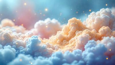 The primary subject of the image is a cloudy, pink and white sky filled with sparkling, golden stars. The setting is a bright, colorful, and whimsical environment, likely a digital art or illustration. The visual style is a mix of realism and fantasy, creating a unique and captivating atmosphere. The colors and mood of the image are vibrant, lively, and joyful, with the golden stars adding a touch of magic and wonder to the scene.