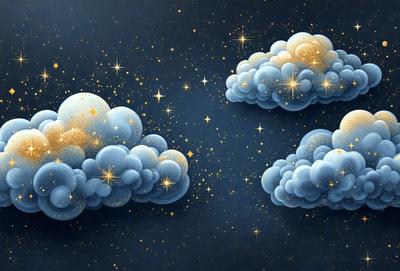 The primary subject of the image is a painting of two clouds in the night sky. The setting is a dark blue background, which contrasts with the brightly lit clouds. The visual style is a digital art or illustration, creating a sense of depth and dimension. The colors and mood are predominantly dark and moody, with the brightly lit clouds providing a contrasting element of light and warmth.