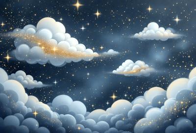 The primary subject of the image is a beautifully painted sky filled with clouds and stars. The setting is a night sky, and the visual style is a combination of digital art and illustration. The colors and mood of the image are predominantly dark and moody, with the bright stars and clouds adding a touch of warmth and beauty to the scene.
