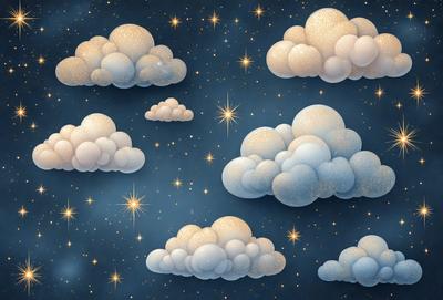 The primary subject of the image is a collection of clouds floating in the sky. The setting is a night sky, with the clouds being the main focus of the scene. The visual style is a painting, which gives the image a more artistic and creative appearance. The colors and mood of the image are predominantly blue and white, creating a serene and peaceful atmosphere.