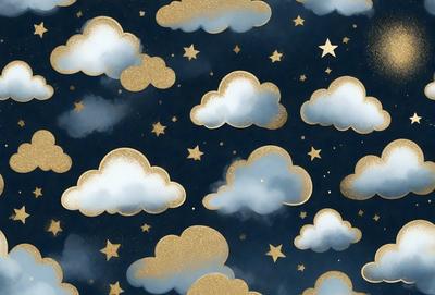 The primary subject of the image is a pattern of clouds, which are depicted in various shapes and sizes. The setting is a night sky, with the clouds as the main focus. The visual style is a combination of digital art and illustration, creating a unique and artistic representation of the clouds. The colors and mood of the image are predominantly gold and blue, giving it a warm and serene atmosphere.