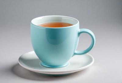 The primary subject of the image is a blue cup filled with tea. The cup is placed on a white plate, which is resting on a table. The visual style of the image is a photo, and the dominant colors are blue and white. The overall atmosphere of the image is calm and inviting, as it showcases a simple yet elegant tea cup and saucer.