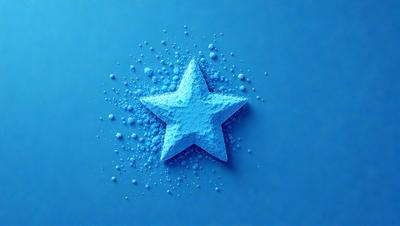 The primary subject of the image is a blue star made of sugar or a similar substance. The setting is a blue background, which creates a striking contrast with the star. The visual style appears to be a close-up of the star, showcasing its details. The colors and mood of the image are predominantly blue, giving it a cool and calming atmosphere.