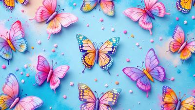 The primary subject of the image is a group of colorful butterflies. There are six butterflies in total, each with different colors and patterns. They are arranged in a circular formation, with some butterflies overlapping each other. The setting is a blue background, which provides a contrasting and vibrant backdrop for the butterflies. The visual style of the image is a combination of digital art and illustration, creating a lively and eye-catching scene. The colors and m