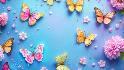 The primary subject of the image is a collection of colorful butterflies, which are the main objects in the scene. The butterflies are flying in the air, creating a lively and vibrant atmosphere. The setting is a blue background, which provides a contrasting and visually appealing backdrop for the butterflies. The visual style of the image is a combination of digital art and illustration, as it features a detailed and intricate representation of the butterflies. The colors and mood