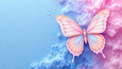 The primary subject of the image is a pink butterfly. The butterfly is prominently displayed in the foreground, with its wings spread wide. The setting is a blue and pink background, which adds a vibrant and lively atmosphere to the scene. The visual style of the image is a combination of digital art and illustration, creating a unique and eye-catching design. The colors and mood of the image are predominantly pink and blue, giving it a warm and cheerful feel.