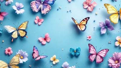 The primary subject of the image is a collection of colorful butterfly and flower decorations. These decorations are displayed on a blue surface, which serves as the setting or background. The visual style of the image is a combination of photo and digital art, creating a vibrant and lively atmosphere. The dominant colors in the image are pink, blue, and yellow, which contribute to the overall mood of the scene.