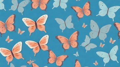 The primary subject of the image is a pattern of butterflies, which are depicted in various colors and sizes. The setting is a blue background, and the visual style appears to be a combination of digital art and illustration. The dominant colors in the image are orange, white, and blue, creating a lively and vibrant atmosphere.