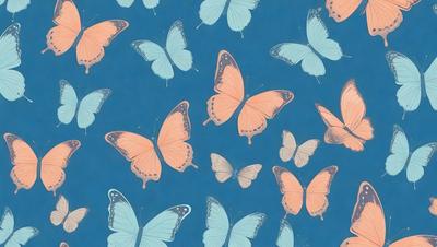 The primary subject of the image is a pattern of butterflies, which are depicted in various colors and sizes. The setting is a blue background, which provides a contrasting and visually appealing backdrop for the butterflies. The visual style of the image is a combination of digital art and illustration, creating a vibrant and lively atmosphere. The colors and mood of the image are predominantly bright and cheerful, with the butterflies serving as a symbol of beauty and freedom.