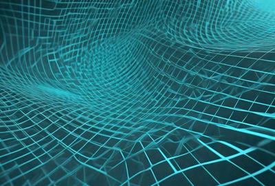 The primary subject of the image is a blue, three-dimensional mesh pattern. The setting is a dark background, which contrasts with the blue mesh. The visual style is a digital art or illustration, as the mesh pattern appears to be a digital creation. The colors and mood of the image are predominantly blue, creating a calm and serene atmosphere.