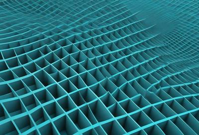 The primary subject of the image is a blue, three-dimensional grid pattern. The setting is a blue background, which creates a visually striking contrast with the grid pattern. The visual style is a digital art or illustration, as the grid pattern is created through a digital medium. The colors and mood of the image are predominantly blue, giving it a calm and serene atmosphere.