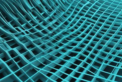 The primary subject of the image is a blue, textured surface that resembles a mesh or a wavy pattern. The setting is a dark background, which contrasts with the blue surface. The visual style appears to be a digital art or illustration, as the blue surface is intricately detailed and textured. The colors and mood of the image are predominantly blue, creating a calm and serene atmosphere.