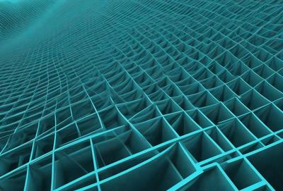 The primary subject of the image is a large, three-dimensional structure made of blue and white squares. The setting is a blue background, which creates a striking contrast with the white squares. The visual style is a combination of digital art and illustration, giving the image a unique and intricate appearance. The dominant colors are blue and white, creating a sense of depth and complexity in the design.