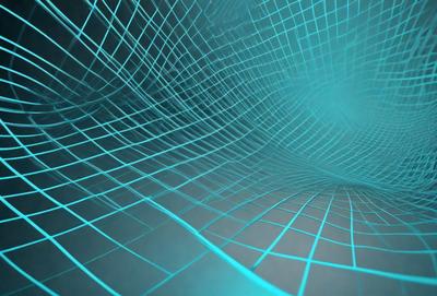 The primary subject of the image is a blue, three-dimensional tunnel or tube. The setting is a dark background, which contrasts with the bright blue tunnel. The visual style is a digital art or illustration, creating a futuristic and surreal atmosphere. The dominant colors are blue and black, with the blue tunnel being the main focus of the image.