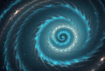 The primary subject of the image is a spiral galaxy, which is a swirling mass of stars and gas. The spiral galaxy is set against a dark, star-filled sky, creating a striking contrast. The visual style of the image is a combination of photo and digital art, as it captures the beauty and intricacy of the galaxy. The dominant colors in the image are blue and black, giving the spiral galaxy a dramatic and mysterious appearance.
