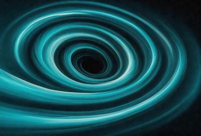 The primary subject of the image is a large, blue, swirling vortex. The setting is a black background, which contrasts with the vibrant blue swirl. The visual style is a digital art or illustration, creating a dynamic and captivating scene. The dominant colors are blue and black, giving the image a striking and dramatic atmosphere.