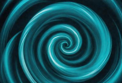The primary subject of the image is a spiral pattern, which is the main object, scene, or focus of the image. The spiral pattern is set against a dark background, creating a striking contrast. The visual style of the image is a combination of photo and digital art, as it appears to be a close-up of a spiral pattern with a blue hue. The colors and mood of the image are predominantly blue, giving it a calm and serene atmosphere.