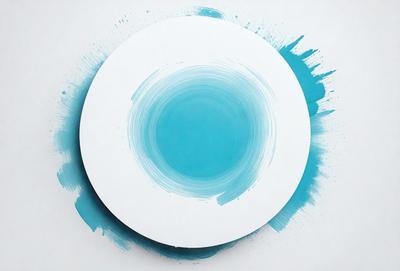 The primary subject of the image is a white plate with a blue circle in the center. The plate is placed on a white surface, which serves as the background. The visual style of the image is a combination of photo and digital art, creating a unique and artistic representation of the white plate with the blue circle. The colors and mood of the image are predominantly blue and white, giving it a calm and serene atmosphere.