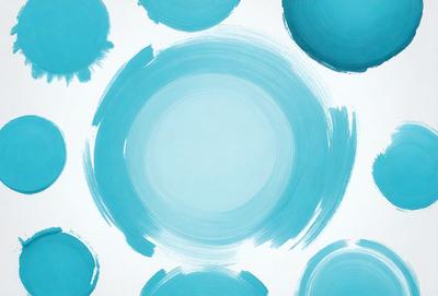 The primary subject of the image is a blue circle, which is the main object, scene, or focus of the image. The setting is a white background, and the visual style is a painting or drawing. The dominant colors are blue and white, creating a calm and serene atmosphere.