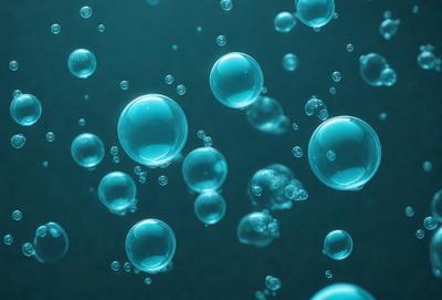 The primary subject of the image is a group of bubbles floating in a blue liquid. The setting is a dark blue background, which contrasts with the bubbles and the liquid. The visual style appears to be a digital art or illustration, as the bubbles are depicted in a realistic manner. The colors and mood of the image are predominantly dark and moody, with the blue liquid and bubbles creating a sense of depth and mystery.