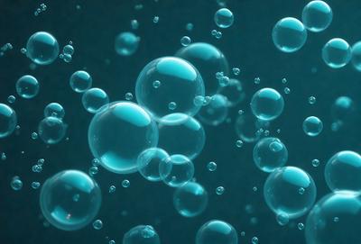 The primary subject of the image is a collection of bubbles floating in a blue, aqua-colored background. The bubbles are of various sizes and shapes, creating a visually appealing and dynamic scene. The setting appears to be a dark, possibly underwater environment, which adds to the overall mood of the image. The visual style of the image is a combination of photo and digital art, as it captures the essence of bubbles in a realistic yet artistic manner. The colors and mood