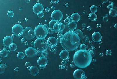 The primary subject of the image is a large group of bubbles floating in a blue, dark-colored liquid. The setting appears to be a dark, possibly underwater environment. The visual style of the image is a close-up of the bubbles, creating a sense of depth and detail. The colors and mood of the image are predominantly dark and moody, with the blue hue of the liquid and the contrasting white bubbles creating a striking visual effect.
