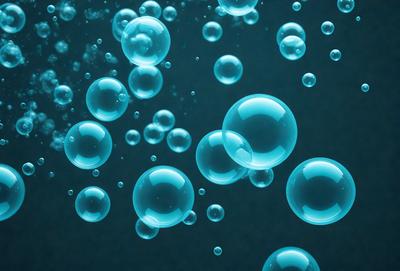 The primary subject of the image is a group of blue bubbles floating in a dark blue background. The setting appears to be a dark, possibly underwater environment. The visual style of the image is a close-up of the bubbles, showcasing their unique shapes and textures. The colors and mood of the image are predominantly dark and moody, with the blue bubbles providing a contrasting element of brightness and liveliness.