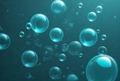 The primary subject of the image is a group of bubbles floating in a blue ocean. The setting is a dark blue background, which creates a contrasting and dramatic effect. The visual style is a combination of photo and digital art, as the bubbles are captured in a realistic manner while the overall composition is artistic. The colors and mood of the image are predominantly dark blue and serene, with the bubbles adding a touch of liveliness and movement to the scene.