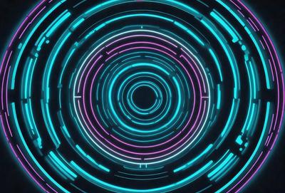 The primary subject of the image is a neon-colored circle with a purple and blue hue. The circle is the main object, scene, or focus of the image. The setting/background is a dark, possibly black, surface. The visual style is a digital art or illustration, as the colors and mood are vibrant and energetic.