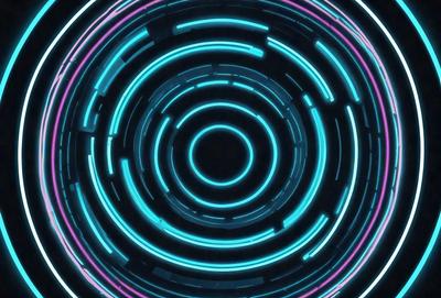 The primary subject of the image is a large, brightly colored, and glowing circle. The circle is filled with a mix of pink and blue neon lights, creating a vibrant and lively atmosphere. The setting appears to be a dark background, which further emphasizes the circle's brightness. The visual style of the image is a combination of digital art and illustration, with the circle's vivid colors and intricate patterns giving it a unique and eye-catching appearance.