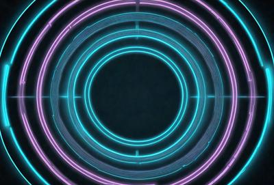 The primary subject of the image is a neon-colored circle with a blue background. The circle is surrounded by a purple and blue pattern, creating a visually striking and futuristic atmosphere. The visual style of the image is a combination of digital art and illustration, with the use of vibrant colors and a unique design. The overall mood of the image is energetic and dynamic, with the bright colors and intricate patterns evoking a sense of movement and excitement.