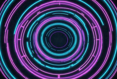 The primary subject of the image is a purple and blue circle with a pattern of lines. The setting is a dark background, and the visual style appears to be a digital art or illustration. The dominant colors are purple and blue, creating a vibrant and energetic atmosphere.