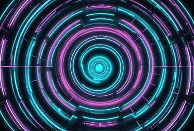 The primary subject of the image is a neon-colored, circular pattern. The setting is a dark background, which contrasts with the bright colors of the pattern. The visual style is a digital art or illustration, creating a vibrant and lively atmosphere. The dominant colors are pink, blue, and green, which together create a sense of energy and movement.