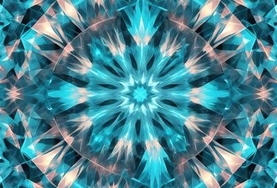 The primary subject of the image is a blue and white geometric pattern, which appears to be a digital art or illustration. The setting is a circular surface, and the visual style is a combination of digital art and illustration. The dominant colors in the image are blue and white, creating a calm and soothing atmosphere.