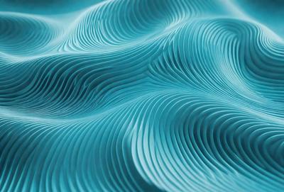 The primary subject of the image is a blue, wavy surface with a pattern of waves. The setting is a blue ocean, and the visual style is a combination of a photo and digital art. The dominant colors are blue and white, creating a calm and serene atmosphere.