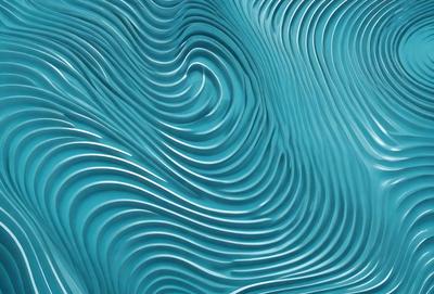 The primary subject of the image is a blue, wavy surface that resembles a wave or a ripple. The setting is a blue ocean, and the visual style appears to be a digital art or illustration. The dominant colors are blue and white, creating a calm and serene atmosphere.